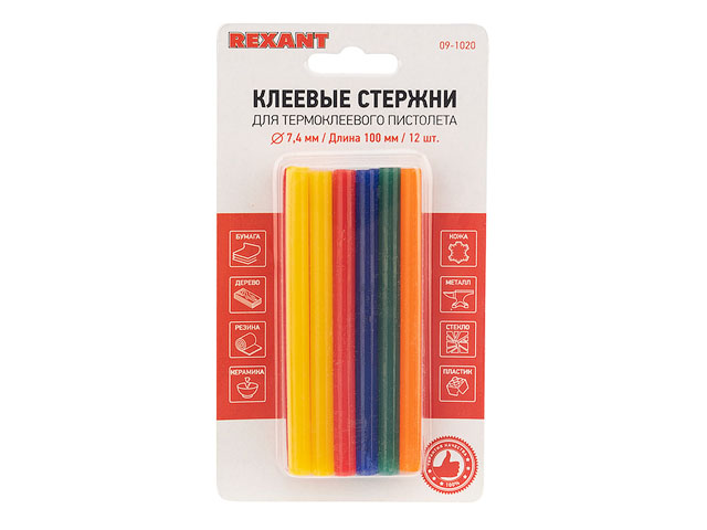 Купить Клеевые стержни d=7,4 мм, L=100 мм, цветные (упак. 12 шт.) (блистер) REXANT (REXANT) (09-1020)