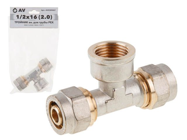 Купить Тройник 16(2.0) х 1/2" вн. х 16(2.0) для труб PEX, AV Engineering (инд. упак.) (AV Engineering) (AVE309007)