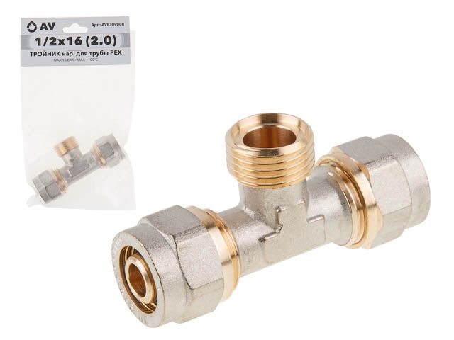 Купить Тройник 16(2.0) х 1/2" нар. х 16(2.0) для труб PEX, AV Engineering (инд. упак.) (AV Engineering) (AVE309008)