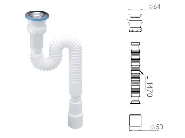 Купить Сифон 1 1/2"х40/50 гофрированный (удлинённый), выпуск 64мм, AV Engineering (AV Engineering) (AVE129782)