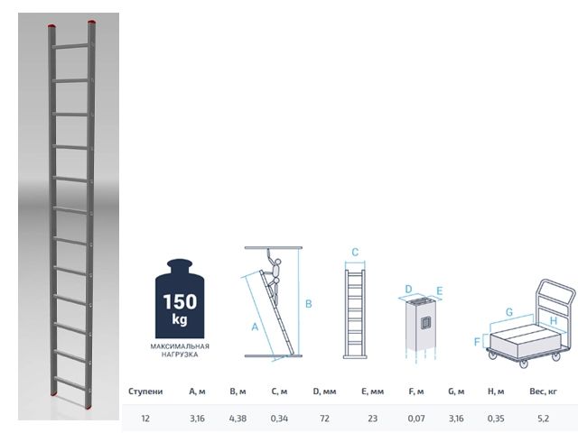 Купить Лестница алюм. односекц. 316см 12 ступ., 5,2кг PRO STARTUL (ST9945-12) (PRO STARTUL)